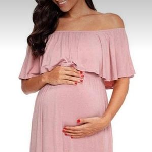 Off Shoulder Ruffle Trim Maternity Maxi Dress